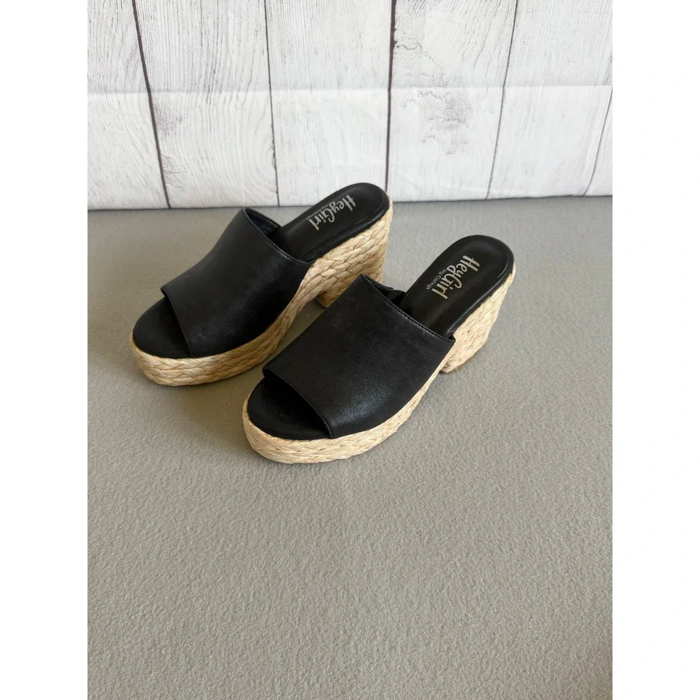Hey Girl by Corkys Solstice Black Wedge Sandals Raffia Platform Slides Womens 9